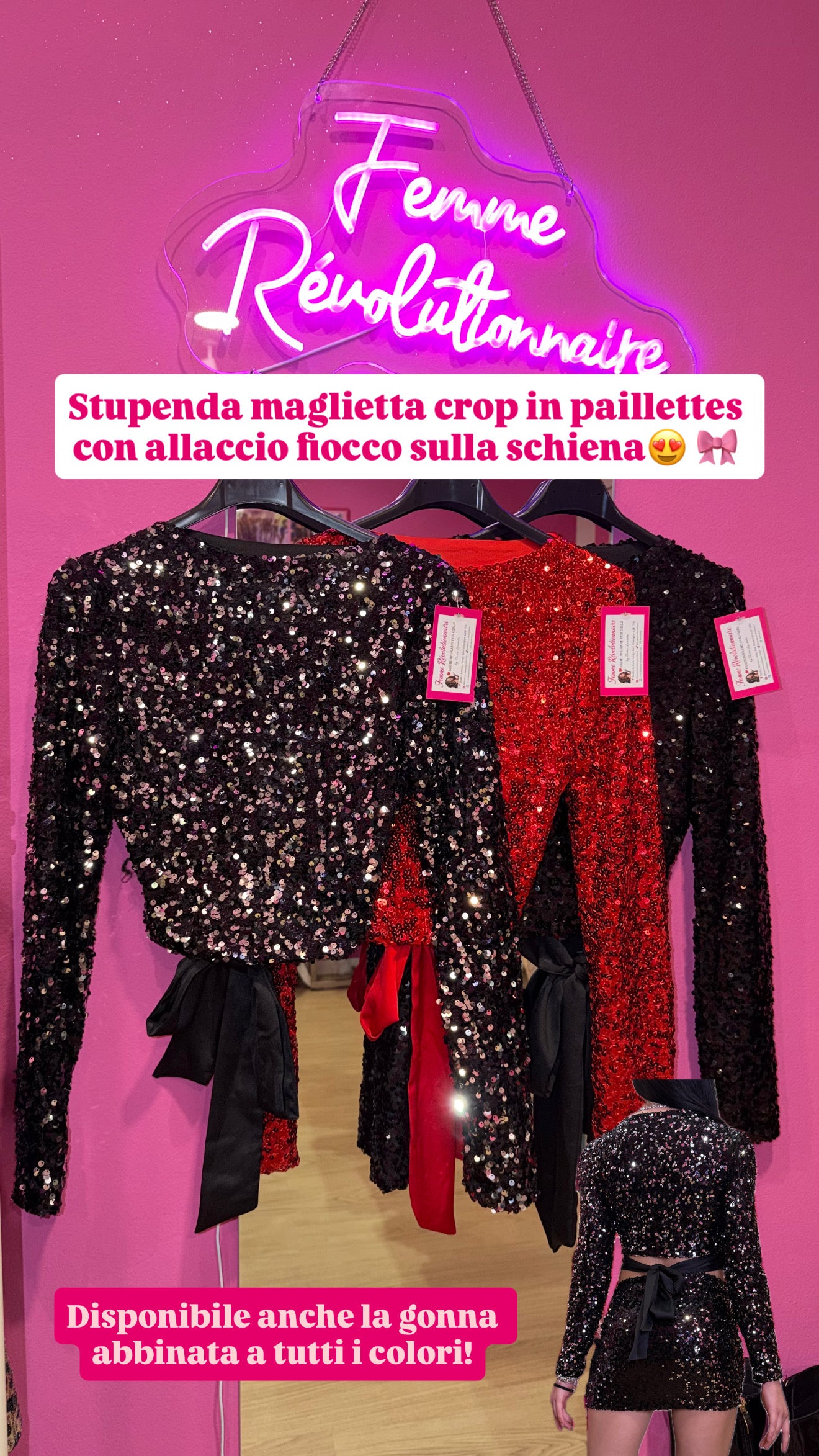 Maglietta Crop Paillettes con fiocco sul retro in vari colori